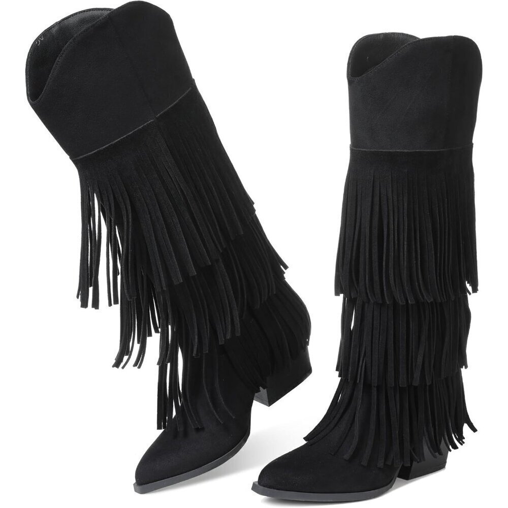 🆕Women Retro Pointed Faux Suede Black Fringe Knee High Western Cowgirl Boot - Picture 1 of 7